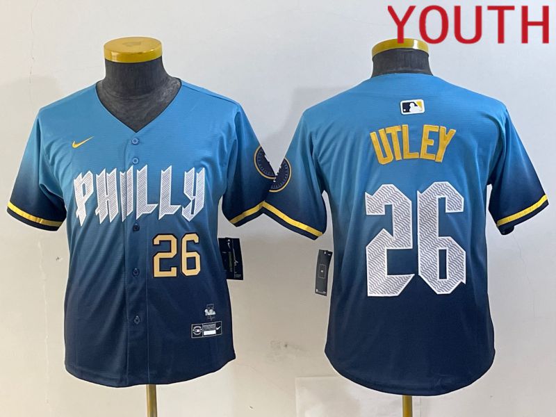 Youth Philadelphia Phillies #26 Utley Blue City Edition 2024 Nike MLB Jersey style 3